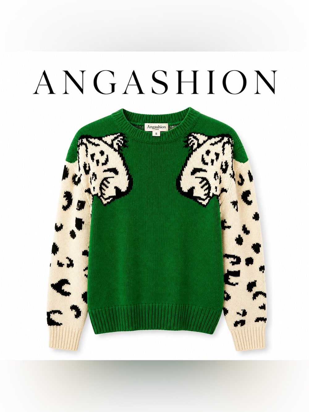 Angashion Green Crewneck Sweater with Leopard Sleeve Detail